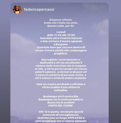 Coronavirus, l'appello social:&nbsp; "Luned&igrave; alle 11.45 ovunque voi siate guardate verso Bergamo e pregate per noi"