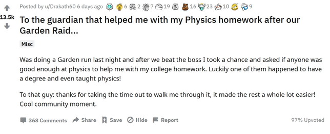 Destiny 2 - Bungie - Reddit - Fisica - Scuola