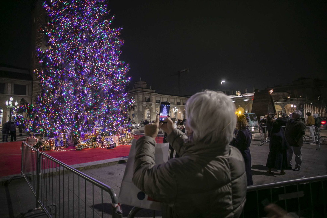 Natale, acceso in centro a Bergamo l'albero della speranza post-Covid