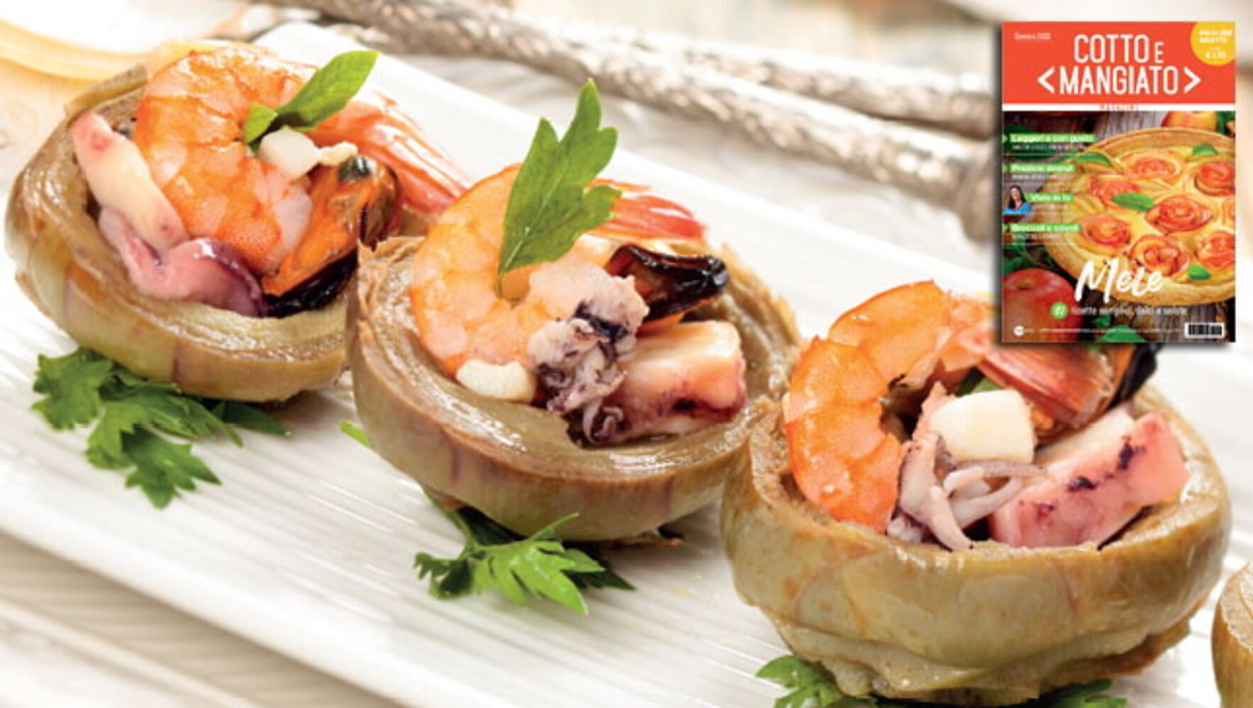 Fondi di carciofi al vapore ripieni con gamberi, polpo e cozze