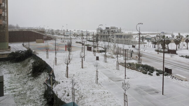 Maltempo, la neve imbianca la spiaggia di Rimini