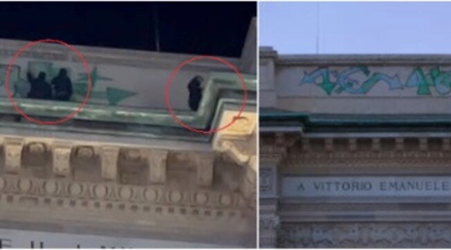 Milano, vandalizzato con scritte l'arco di ingresso della Galleria | Le foto | I video