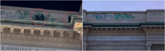 Milano, vandalizzato con scritte l'arco di ingresso della Galleria | Le foto | I video